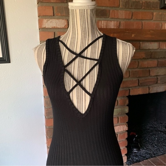 NWT LNA Lace-Up V-Neck Ribbed Black Sleeveless Dress Sz XS - Picture 5 of 9